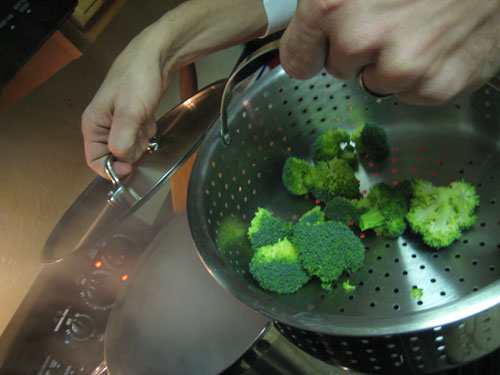 Broccoli going into the steamer.