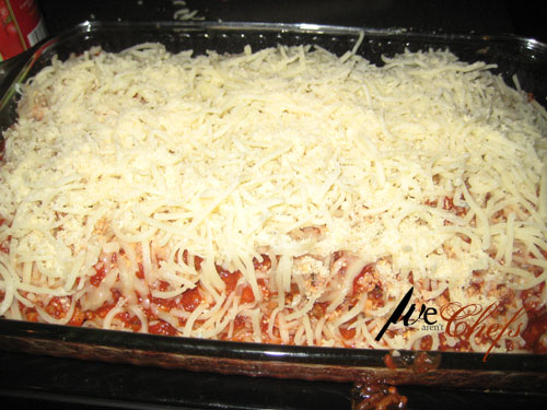 Uncooked lasagna ready to go in the oven